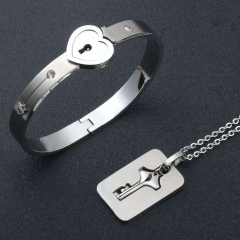 Love Heart Lock Bracelet Bangles Key Pendant Stainless Steel 