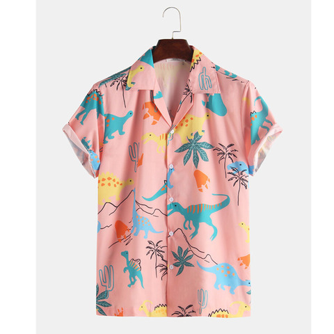 2022 Fashion Hawaiian Shirt Mens Funny Style Dinosaur Cartoon Printed Short Sleeve Pink Shirts Men Korean Clothes ► Photo 1/5