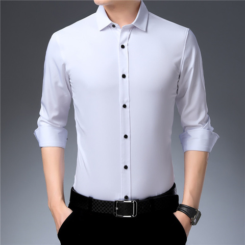 Elasticity Slim Fit Men Dress Casual Long Sleeved Shirt White Black Blue Red Male Social Formal Shirt Anti Wrinkle No Iron ► Photo 1/6