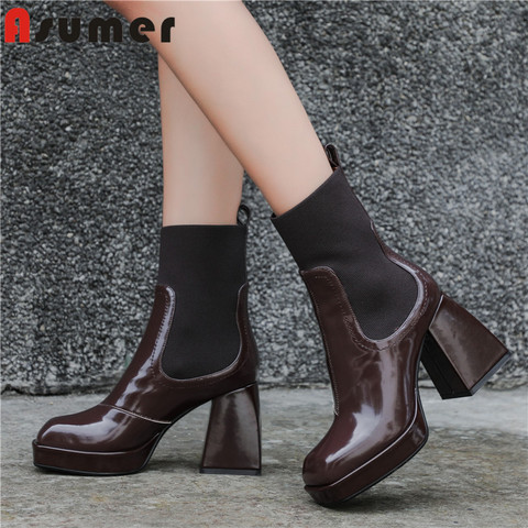 Asumer 2022 hot sale genuine leather Chelsea boots women high heels platform shoes square toe autumn winter ankle boots woman ► Photo 1/6