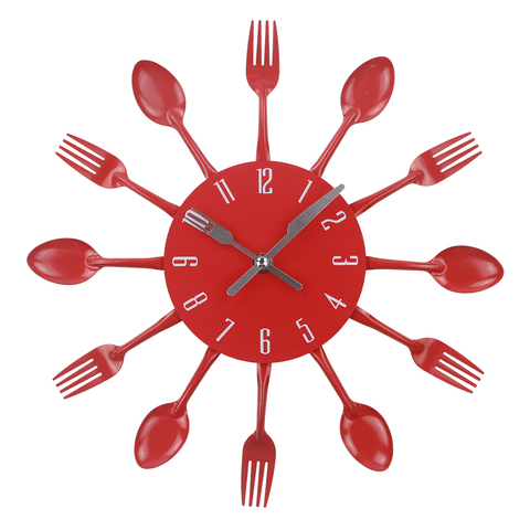 Cutlery Kitchen Wall Clock Noiseless Stainless Steel Cutlery Clocks Knife and Fork Spoon Wall Clock Kitchen Home Decor Red ► Photo 1/6