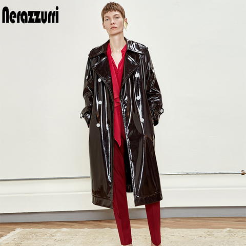 Nerazzurri Long waterproof black patent leather trench coat for women 2022 double breasted iridescent oversized leather coat 7xl ► Photo 1/6
