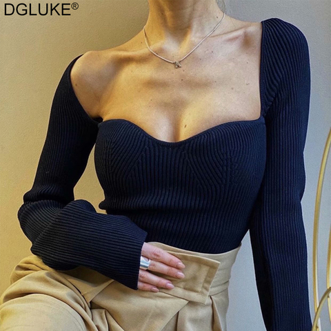 DGLUKE 2022 Autumn Women Solid Sweater Office Lady Ribbed Knitted Square Collar Long Sleeve Pullover Jumper Crop Tops Knitwear ► Photo 1/6