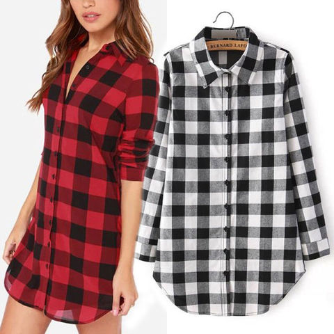 Women Long Sleeve Turn-down Collar Classic Plaid Print Shirt Single Breasted Cotton Long Shirts Black Red ► Photo 1/6