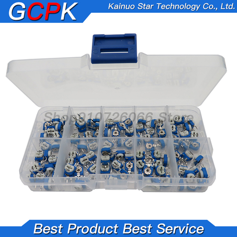 100PCS/LOT RM063 Vertical Adjustable Resistor Kit In Box 500 ohm-1M ohm 10 Values *10PCS Multiturn Trimmer Potentiometer Set ► Photo 1/1