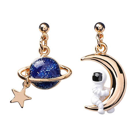 Asymmetric Japanese Style Clip On Cute Cartoon Blue Planet Earth Astronaut Moon Clip earrings Without Piercing for Kids Girls ► Photo 1/6