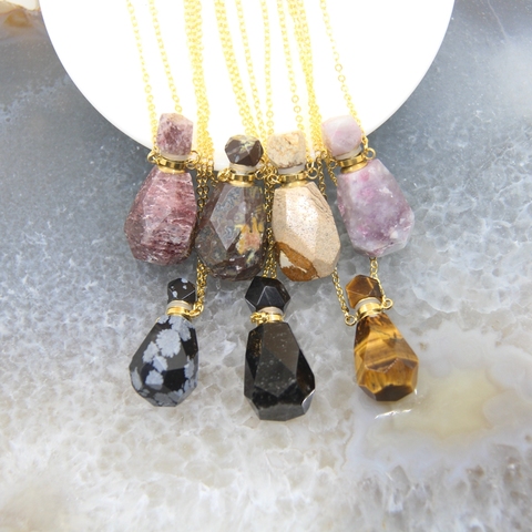 Natural Obsidian Faceted Perfume Bottle Pendants Necklaces,Pink Tourmaline Quartz Essential Oil Diffuser Vial Charms Jewelry ► Photo 1/6