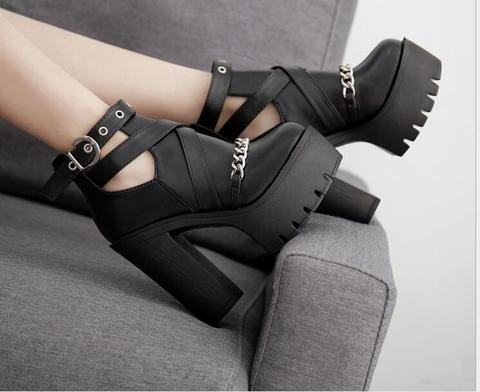 New sexy High heels Fashion Ankle Boots For Women High Heels Casual Cut-outs Buckle Round Toe Chain Thick Heels Platform Shoes ► Photo 1/6