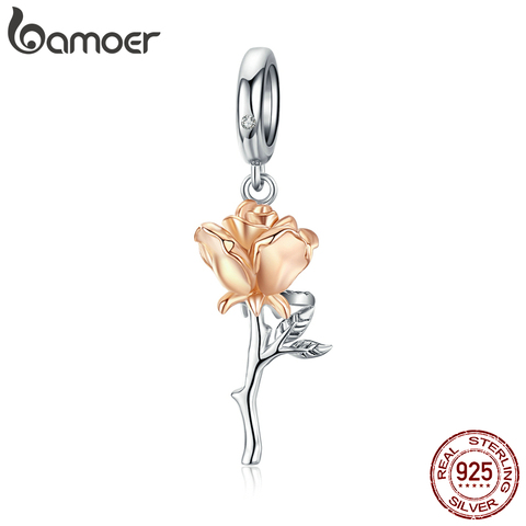 bamoer 3D Rose Flower Pendant Charm 925 Sterling Silver Rose Gold Color Charms for Bracelet or Necklace DIY Bijoux BSC145 ► Photo 1/5