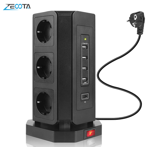 Multiple Vertical Power Strip EU Electrical Plug Outlet 9 Way Socket Tower USB-C Ports 2m Cable Surge Short Circuit Protection ► Photo 1/6