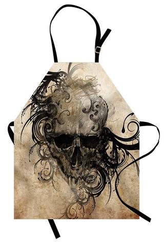 Tattoo Apron Handmade Image of a Skull with Tribal Floral Like Designs Around Print Women Men Kids Cooking Baking Kitchen Bib ► Photo 1/4