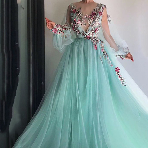 LORIE Long Sleeves Evening Dress Party Gowns Robe De Soiree Formal Prom Dresses Plunging 3D Flowers Beading Top Evening Gowns ► Photo 1/5