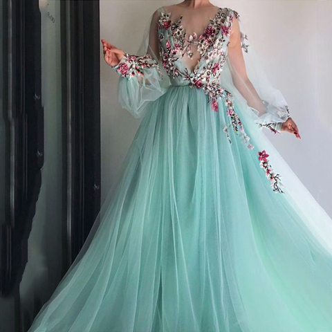 Luxury Embroidery Long Evening Dress Garden Floral Vintage Formal Prom