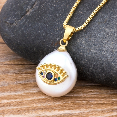 Hot Sale Blue CZ Evil Eye Charm Coin Freshwater Pearl Gold Link Chain Pendant Choker Necklace For Women Fine Party Jewelry Gift ► Photo 1/5