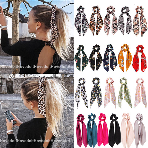 Fashion Leopard Print Bow Satin Long Ribbon Ponytail Scarf Hair Tie Scrunchies Women Girls Elastic Hair Bands Hair Accessories ► Photo 1/6