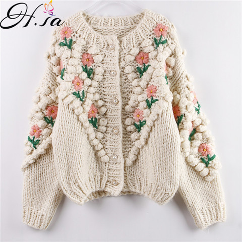 H.SA 2022 New Women Winter Handmade Sweater and Cardigans Floral Embroidery Hollow Out Chic Knit Jacket Pearl Beading Cardigans ► Photo 1/6