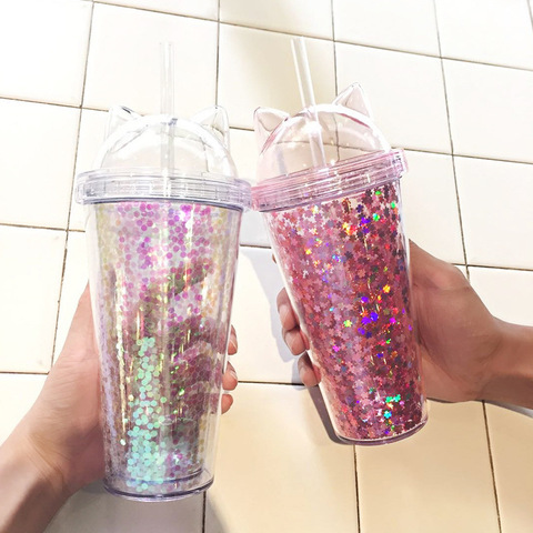 Water Bottles Glass Cup With Lid And Straw Tea Cup 420ML Milk
