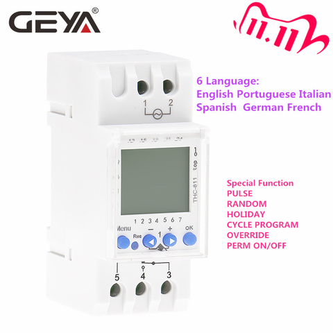 GEYA THC-811 Din Rail 24Hours Digital Timer Switch with Lithium Battery 6 Language Weekly Timers Holiday Setting 16A 220V ► Photo 1/6