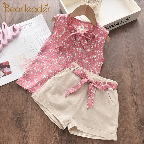 Bear Leader Children Clothes Girls Set Cute Bow-knot Sleeveless Print Pattern Top Fashion Short Pant with Belt Suit for Kid Girl ► Photo 1/1