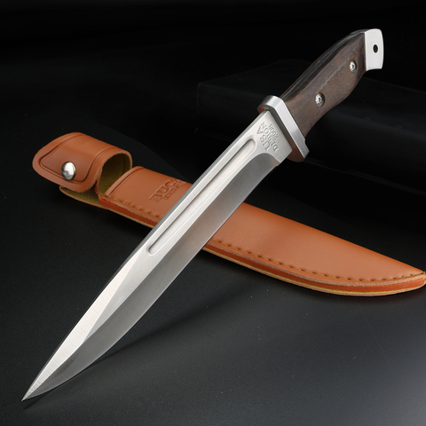 Outdoor survival knife full tang fixed blade knife field hunting knives Wooden handle 58HRC with leather sheath ► Photo 1/6