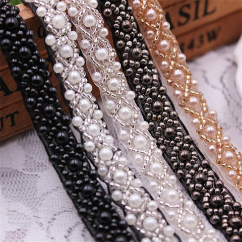 1 Yards/Lot Pearl Seed Bead Beaded Trims Lace Ribbon Fabric Clothes Decoration Wedding Dress Collar Sleeve Lace Applique Crafts ► Photo 1/6