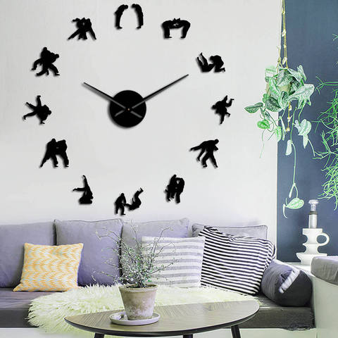 Japanese Martial Training Wall Art Decor Judo Player Silhouette DIY Large Wall Clock Wrestler Frameless Mirror Effect Wall Watch ► Photo 1/6