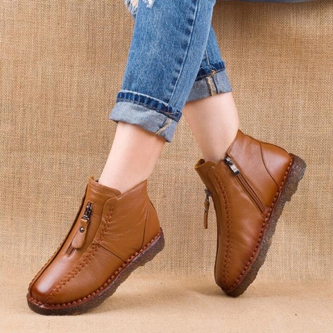 2022 hot sell Winter Genuine Leather Ankle Boots Velvet Handmade Lady soft Flat shoes comfortable Casual Moccasins Women's shoes ► Photo 1/5