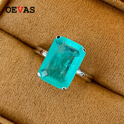 OEVAS 100% 925 Sterling Silver 10*14MM Synthesis Emerald Cut Paraiba Tourmaline Wedding Rings For Women Party Fine Jewelry Gifts ► Photo 1/6