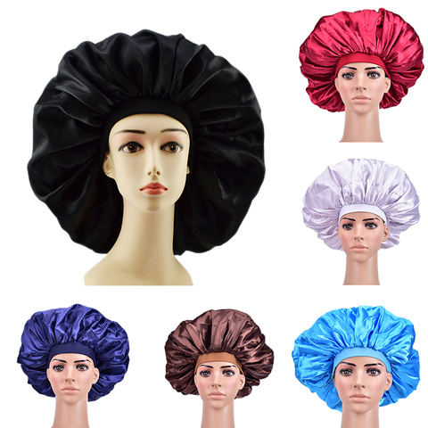 Extra Large Satin Sleep Cap High Quality Waterproof Shower Cap Protect Hair Women Hair Treatment Hat 6 Colors ► Photo 1/6