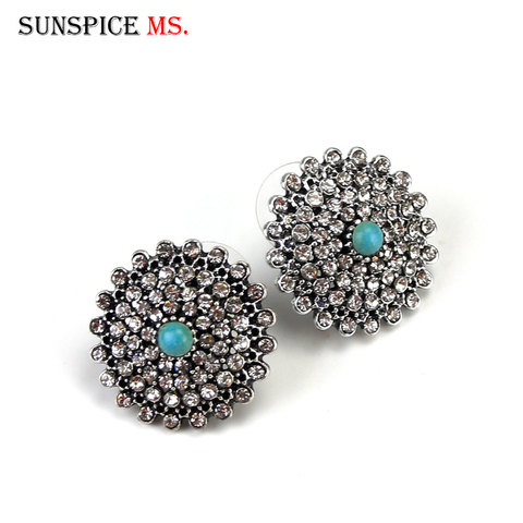 Sunspicems Retro Silver Color Russia Round Crystal Stud Earring for Women Natural Stone Vintage Jewelry BOHO Ethnic Bridal Gift ► Photo 1/6