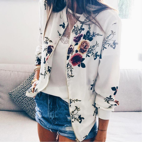 2022 Autumn New Plus Size Printed Bomber Jacket Women Pockets Zipper Long Sleeve Coat Female Flower Chiffon White Jacket Woman ► Photo 1/6