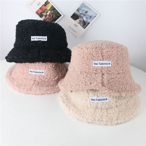 Winter Baby Girl Boy Bucket Hat Cute Lamb Wool Letter Kids Fisherman Hat Solid Flat Top Hats Children Outdoor Thick Warm Sun Cap ► Photo 1/6