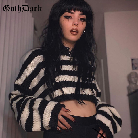 Goth Dark Vintage Striped Gothic Sweaters Punk Style Oversize Long Sleeve O-neck Women Pullovers Fashion Autumn Streetwear 2022 ► Photo 1/6