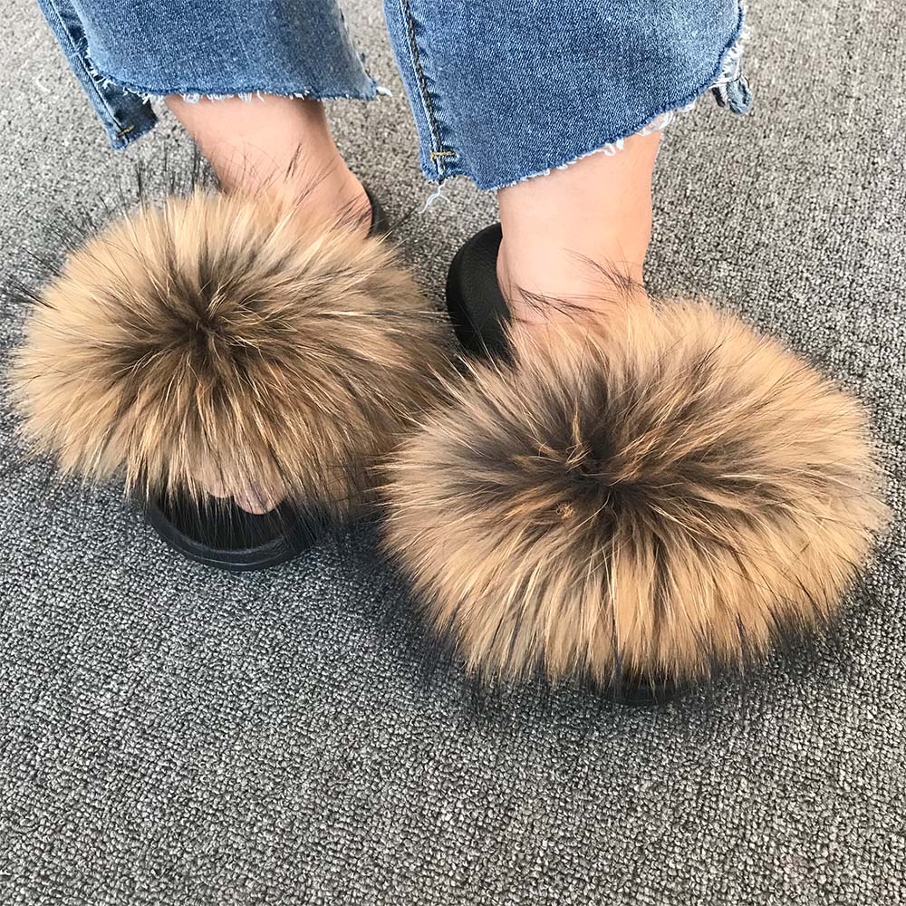 Women Real Fox Fur Slippers Flat Shoes Fluffy Flip Flop Slippers Slider Sandals