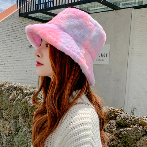 Tie-Dyeing Winter Bucket Hat Plush Warm Women's Hat Fashion Furry Outdoor Fisherman's Hat ► Photo 1/6