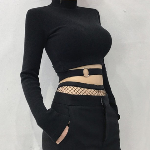 Women Slim Short T-shirt Sexy Tight Turtleneck Long Sleeve Goth Crop Top Solid Black Club Autumn Spring Streetwear Harajuku ► Photo 1/6