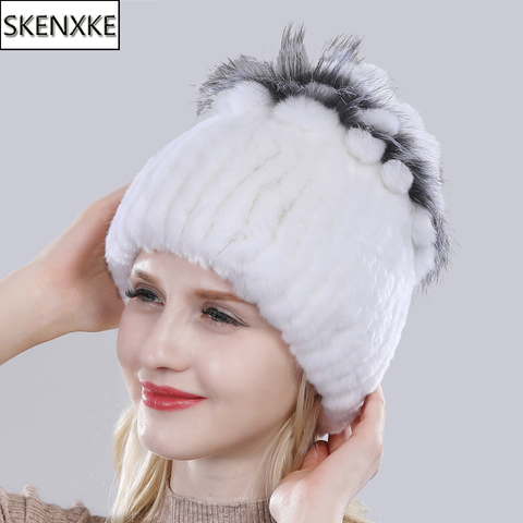 2022 Winter Hat For Women Rex Rabbit Fur Cap Lady Fashion Real Rabbit+Fox Fur Beanies Elastic Warm Fashion Female Brand Headgear ► Photo 1/6