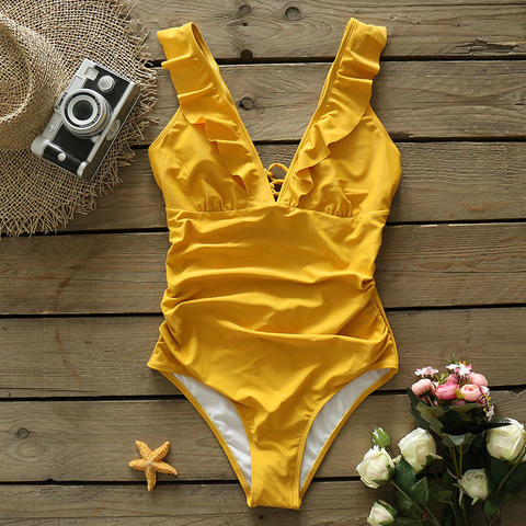 SPORLIKE Heart Attack Falbala One-piece Swimsuit Women Ruffle V-neck Monokini 2022 New Girls Beach Bathing Suit Swimwear S-2XL ► Photo 1/1