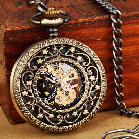 Ancient Antique Steampunk Mechanical Pocket Watch Necklace Hollow Skeleton Hand Wind Carved  Fob Watch Pendant Chain Men Women ► Photo 1/6