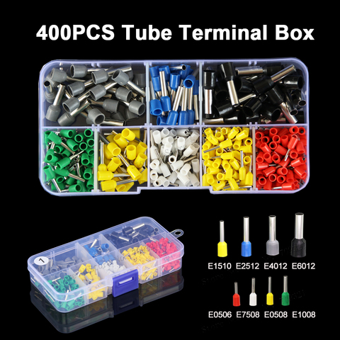 400pcs/box AWG22-10 0.5-6mm2 Tube Terminal Kit Set Insulated Tubular Wire Crimp Connector E6012 E1008 E1510 E7508 E0508 E0506 ► Photo 1/6