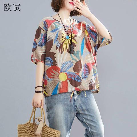 Plus Size Cotton Linen T Shirt Summer Women Floral Print Tshirt Casual V Neck Tops T-Shirt Femme Vintage Tee Shirts 2022 New ► Photo 1/6