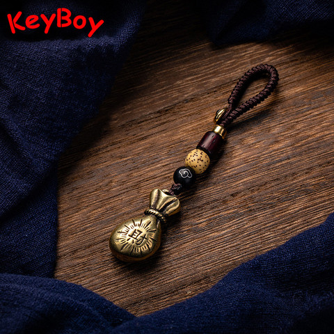 Wealth Money Bag Car Key Pendant Vintage Pure Brass Lucky Keychain Hanging Jewelry Metal Copper Woven Rope Fashion Keyring Gifts ► Photo 1/6