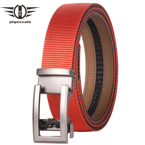 Plyesxale Brand Nylon Leather Belt For Men Green Black Khaki Beige Orange Mens Ratchet Automatic Belts Formal Dress Belt Man B81 ► Photo 1/6