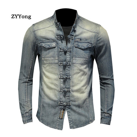 Fashion Long Sleeve Stand Collar Men's Denim Shirt Slim Soft Comfortable Motorcycle Style Streetwear Leisure Blue Thin Coat ► Photo 1/6