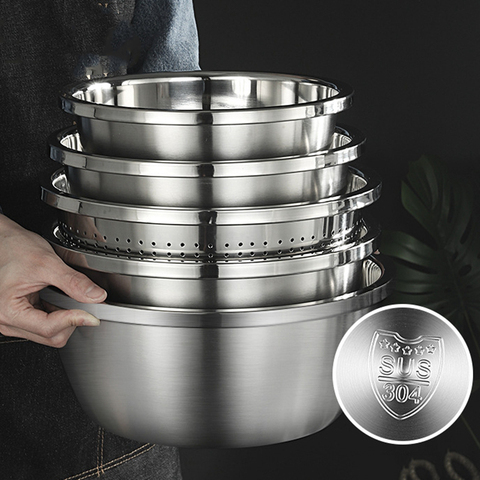 5PCS 304 Stainless Steel Salad Bowl with Drain Basket Kitchen Mixing Bowls Set Vegetables Fruit Washing Storage Container ► Photo 1/6