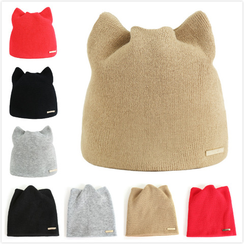 Cat ear knit pullover cap Beanies Women Solid color simple warm earmuffs hat Girls Cute Winter Knitted Skullies Beanies ► Photo 1/6