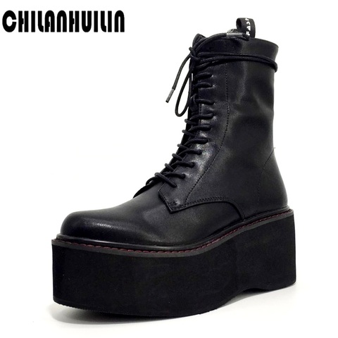 soft genuine leather elegant cozy ladies ankle boots fashion lace-up autumn winter platform women's wedges outdoor shoes woman ► Photo 1/6