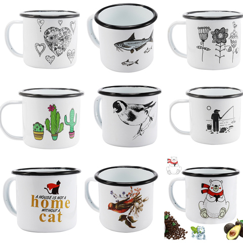 Free Shipping 350ml Enamel Coffee Mug Creative Animal Plant Breakfast Cup Black Roll Rim with Handgrip Milk Tea Cup ► Photo 1/6