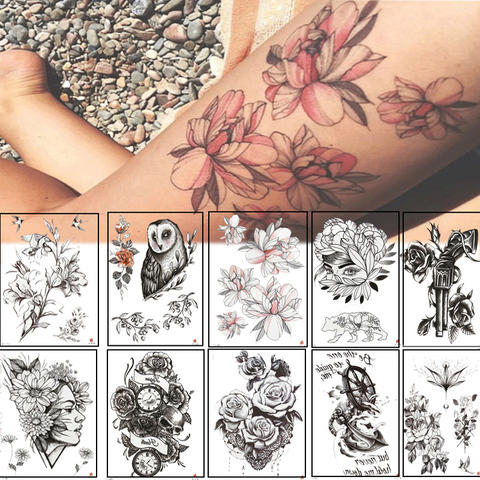 1pcs  temporary tattoo black flower tattoo sleeve water transfer tattoo tattoo cat rose tattoo body art sexy tattoo couple arm ► Photo 1/6