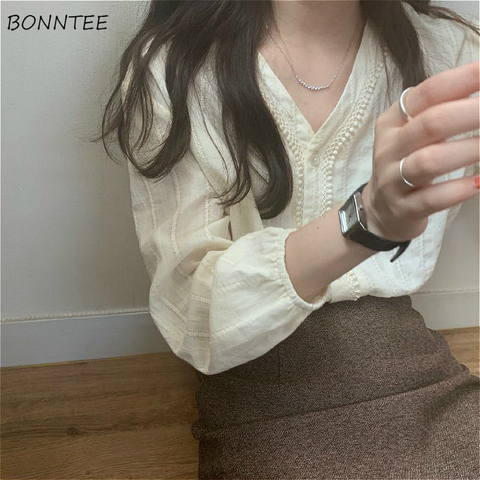 Blouses Women Plus Size 3XL Elegant Korean Simple Chic V-Neck Summer Ladies Blouse Top Popular Long Sleeve Lovely Girls Shirts ► Photo 1/6